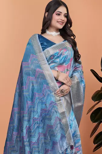 Teal printed art silk designer pallu saree