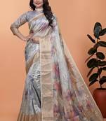 Grey printed art silk designer pallu saree