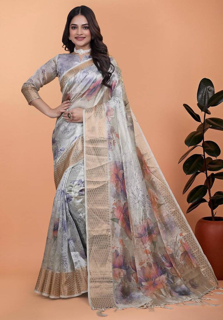 Grey printed art silk designer pallu saree