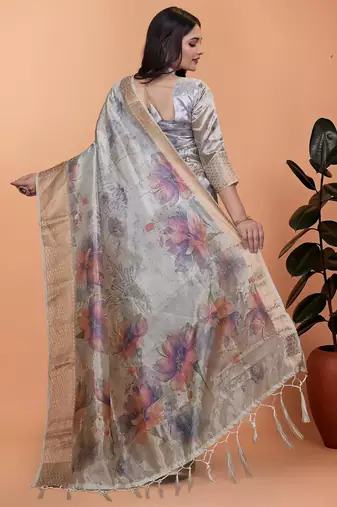 Grey printed art silk designer pallu saree