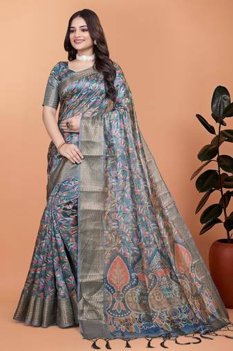 Teal printed art silk designer pallu saree