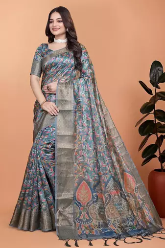 Teal printed art silk designer pallu saree