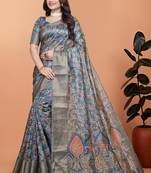 Teal printed art silk designer pallu saree