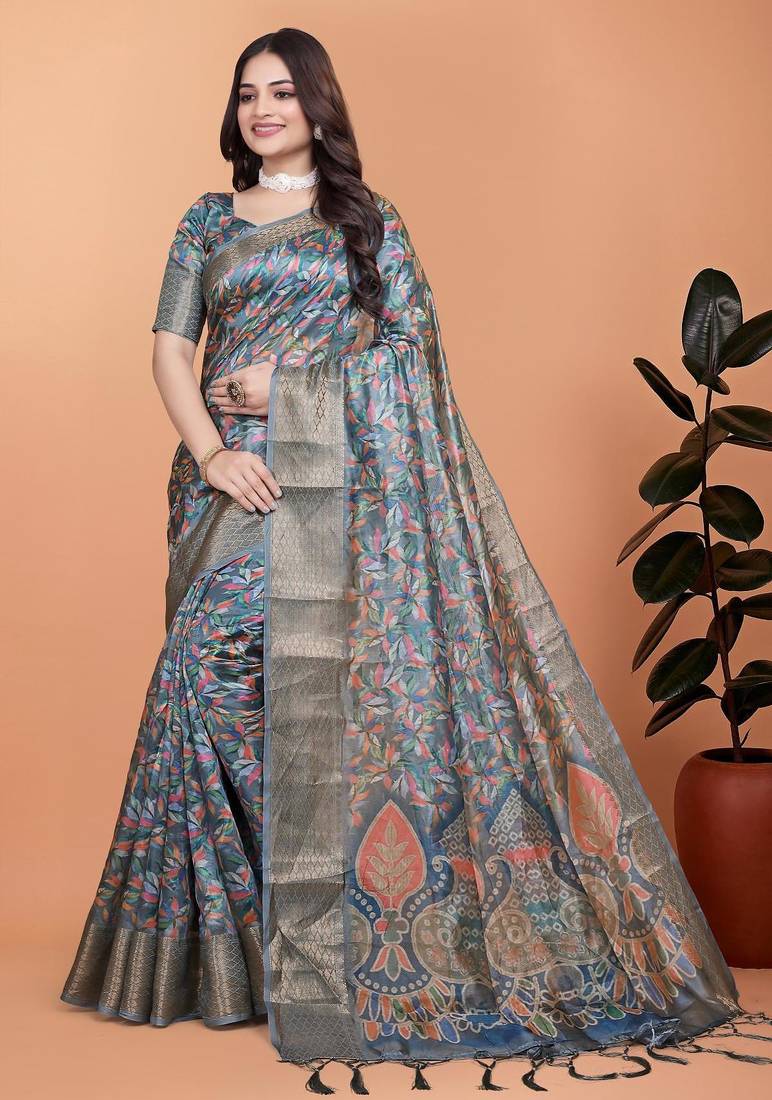 Teal printed art silk designer pallu saree