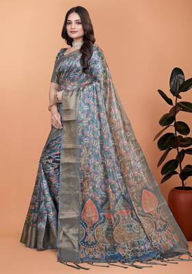 Teal printed art silk designer pallu saree 2