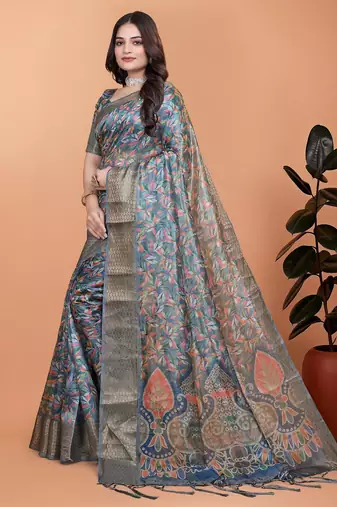 Teal printed art silk designer pallu saree