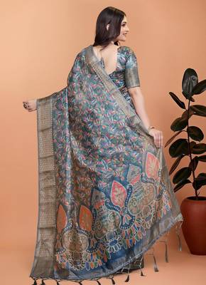 Teal printed art silk designer pallu saree 3