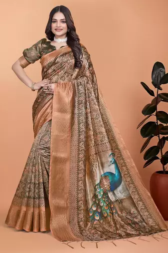 Brown printed art silk designer pallu saree
