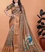 Brown printed art silk designer pallu saree