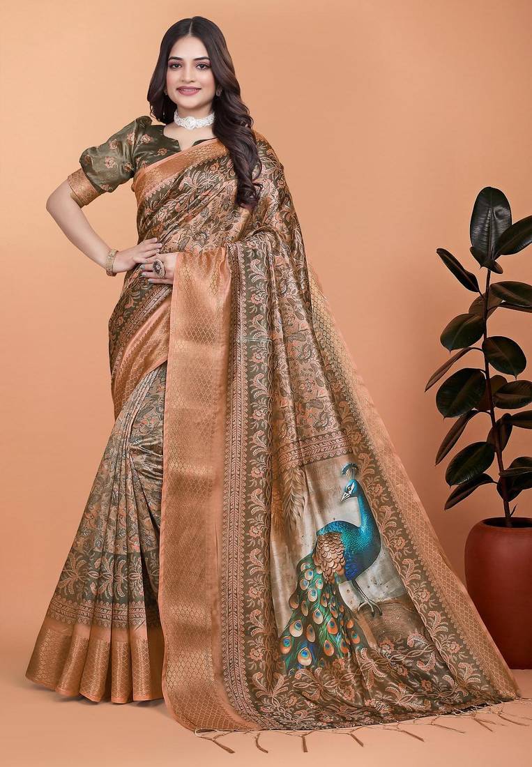 Brown printed art silk designer pallu saree