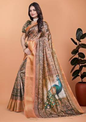 Brown printed art silk designer pallu saree 2