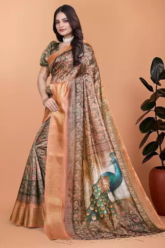 Brown printed art silk designer pallu saree