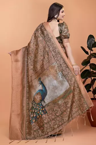 Brown printed art silk designer pallu saree