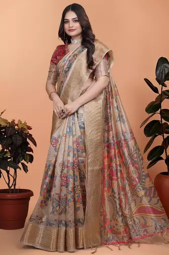 Cream printed art silk designer pallu saree