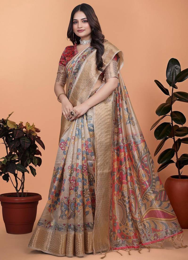Cream printed art silk designer pallu saree