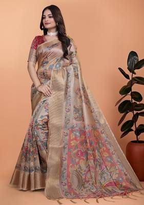 Cream printed art silk designer pallu saree 2