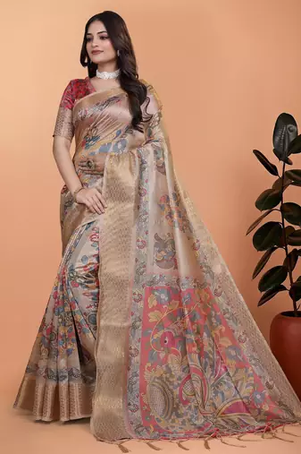 Cream printed art silk designer pallu saree