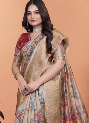 Cream printed art silk designer pallu saree 4