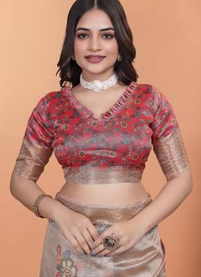 Cream printed art silk designer pallu saree 5