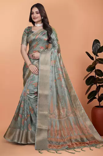 Teal printed art silk designer pallu saree