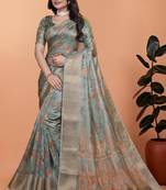 Teal printed art silk designer pallu saree