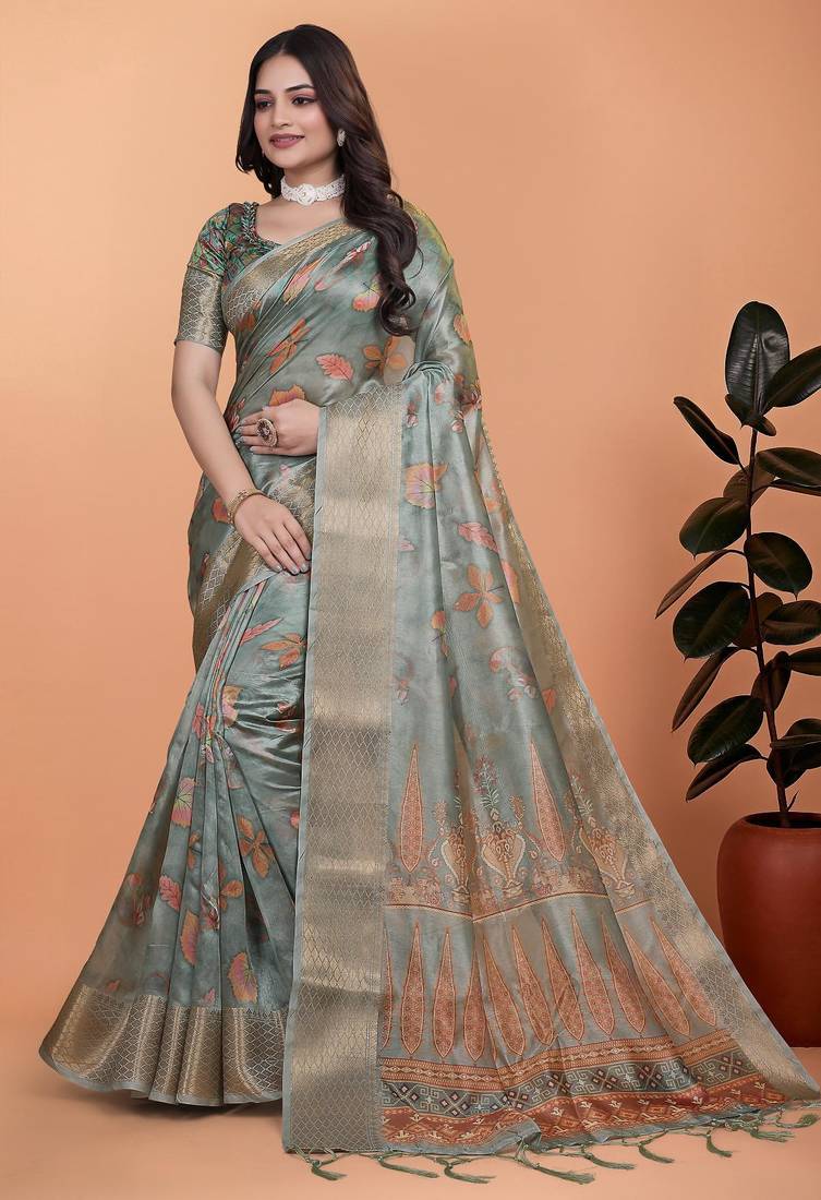 Teal printed art silk designer pallu saree