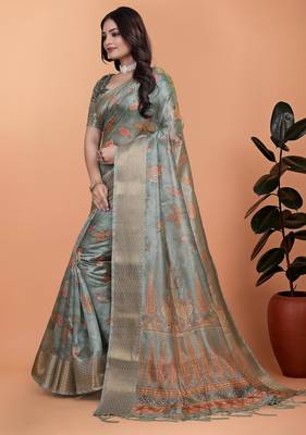 Teal printed art silk designer pallu saree 2