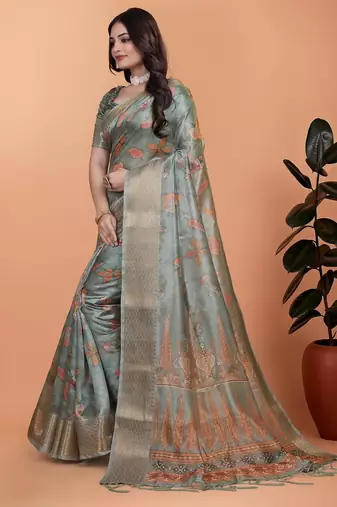 Teal printed art silk designer pallu saree