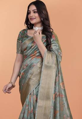 Teal printed art silk designer pallu saree 4