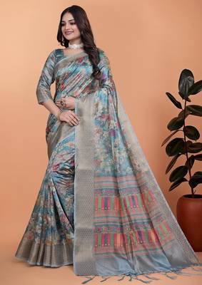 Teal printed art silk designer pallu saree 1