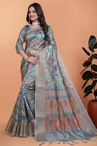 Teal printed art silk designer pallu saree