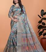 Teal printed art silk designer pallu saree