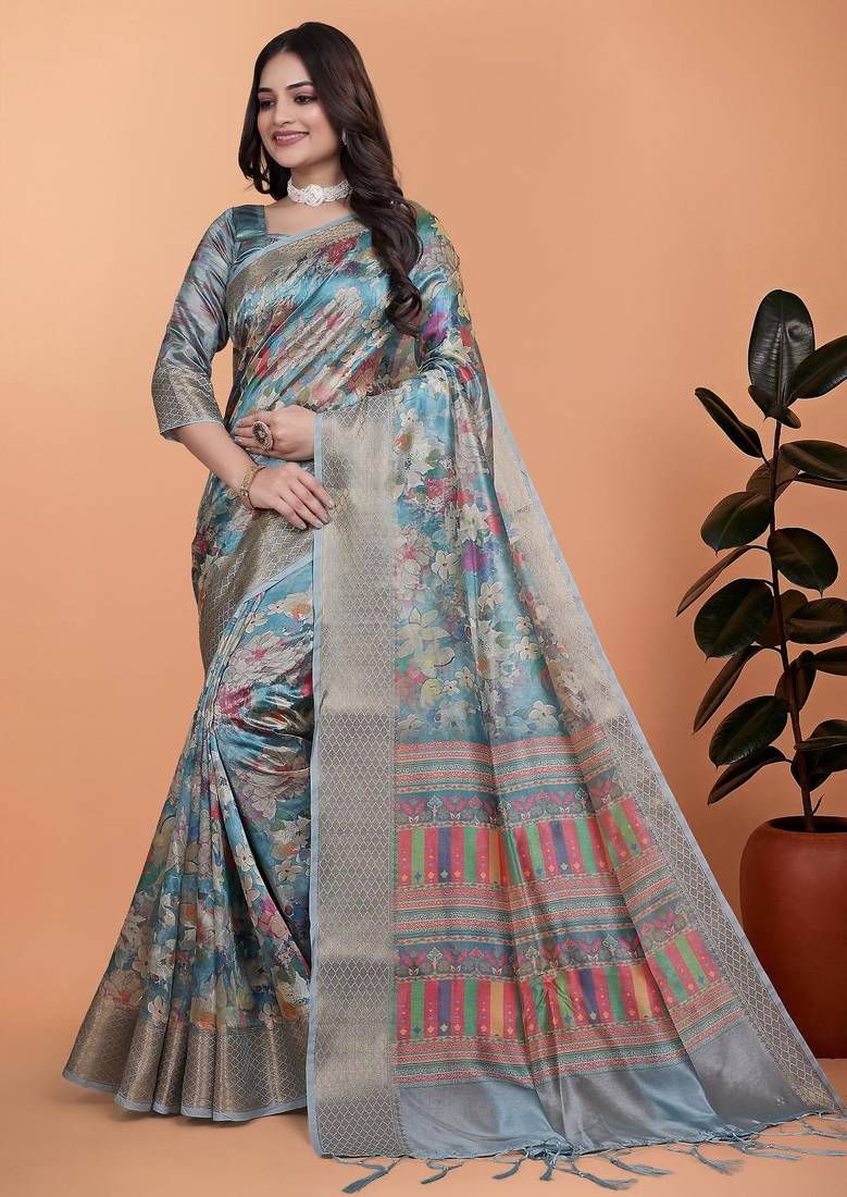 Teal printed art silk designer pallu saree