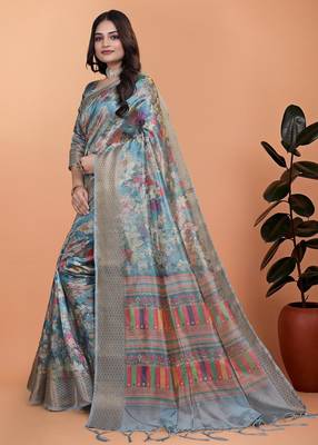 Teal printed art silk designer pallu saree 2