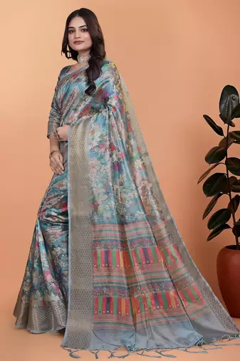 Teal printed art silk designer pallu saree