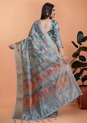 Teal printed art silk designer pallu saree 3