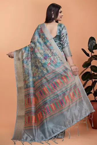 Teal printed art silk designer pallu saree