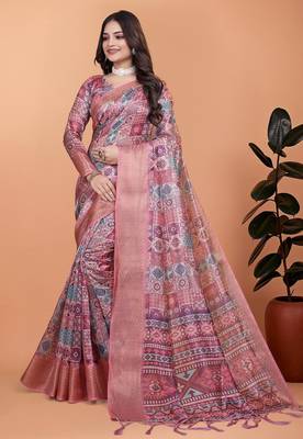 Pink printed art silk designer pallu saree 1