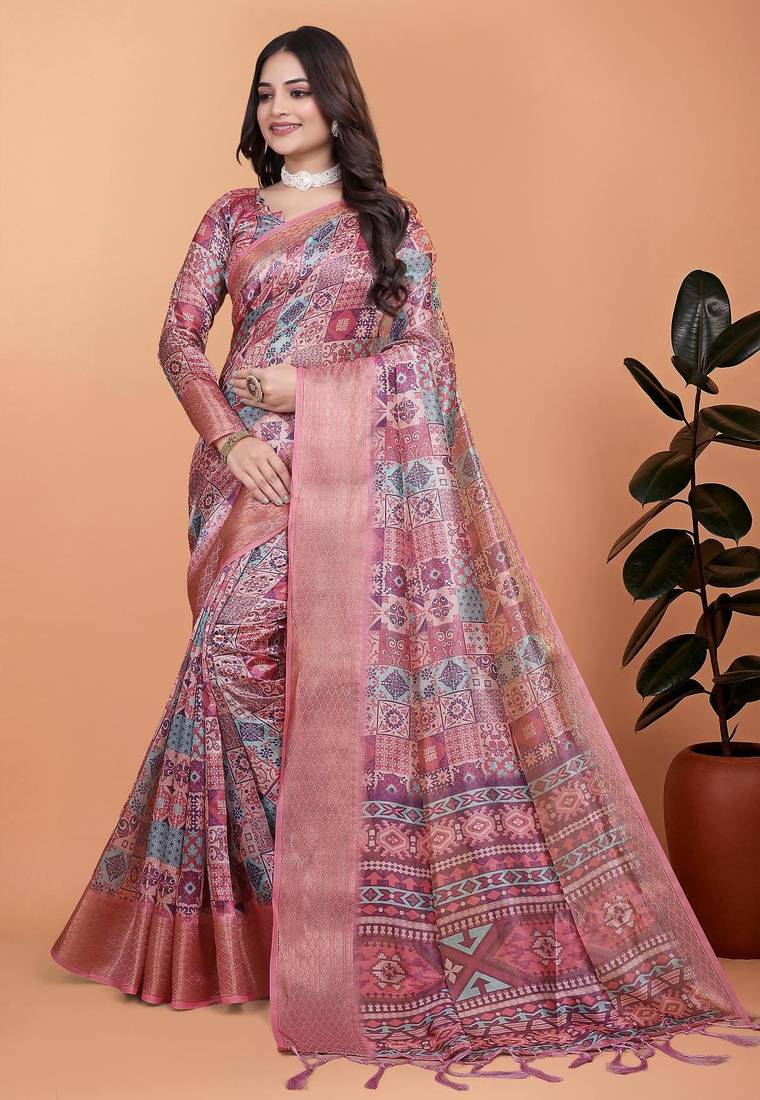 Pink printed art silk designer pallu saree