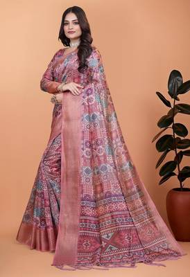 Pink printed art silk designer pallu saree 2