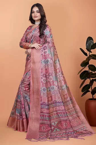 Pink printed art silk designer pallu saree