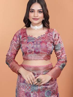 Pink printed art silk designer pallu saree 5