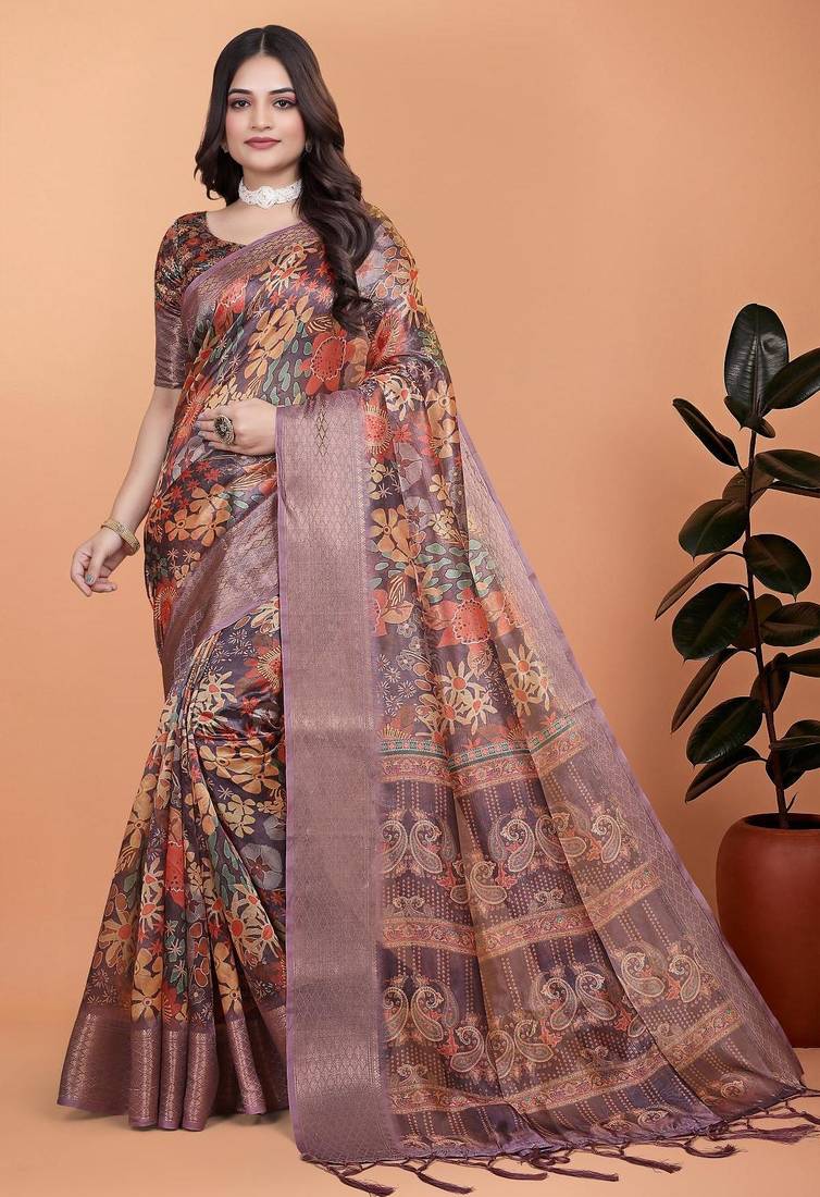 Brown printed art silk designer pallu saree