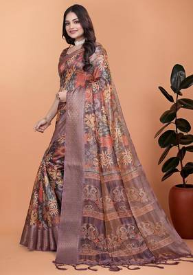 Brown printed art silk designer pallu saree 2