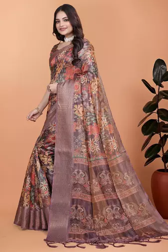 Brown printed art silk designer pallu saree