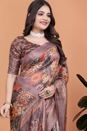 Brown printed art silk designer pallu saree