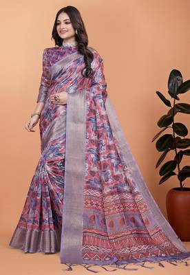 Peach printed art silk designer pallu saree 1