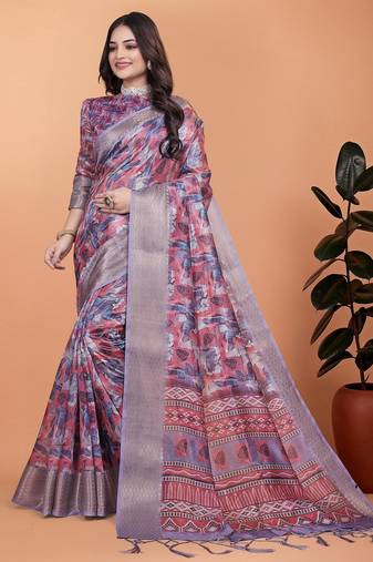 Peach printed art silk designer pallu saree