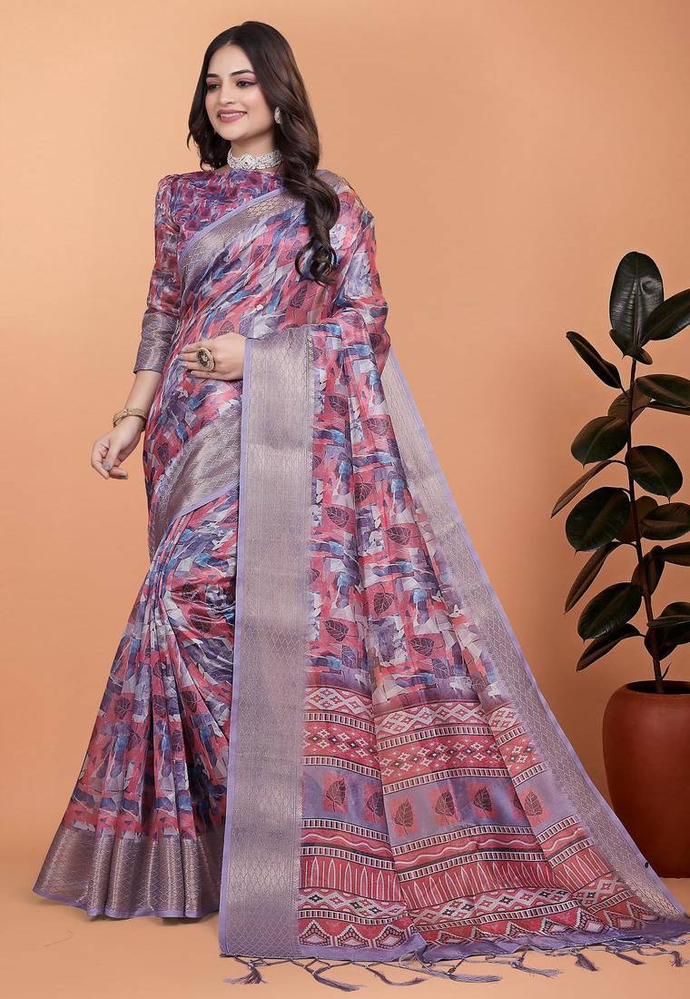 Peach printed art silk designer pallu saree