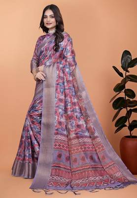 Peach printed art silk designer pallu saree 2